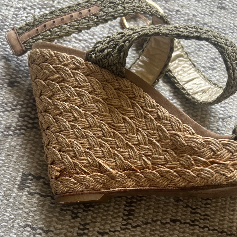 Stuart Weitzman Taupe Woven Ankle-Strap Wedge Sandals - Picture 7 of 16